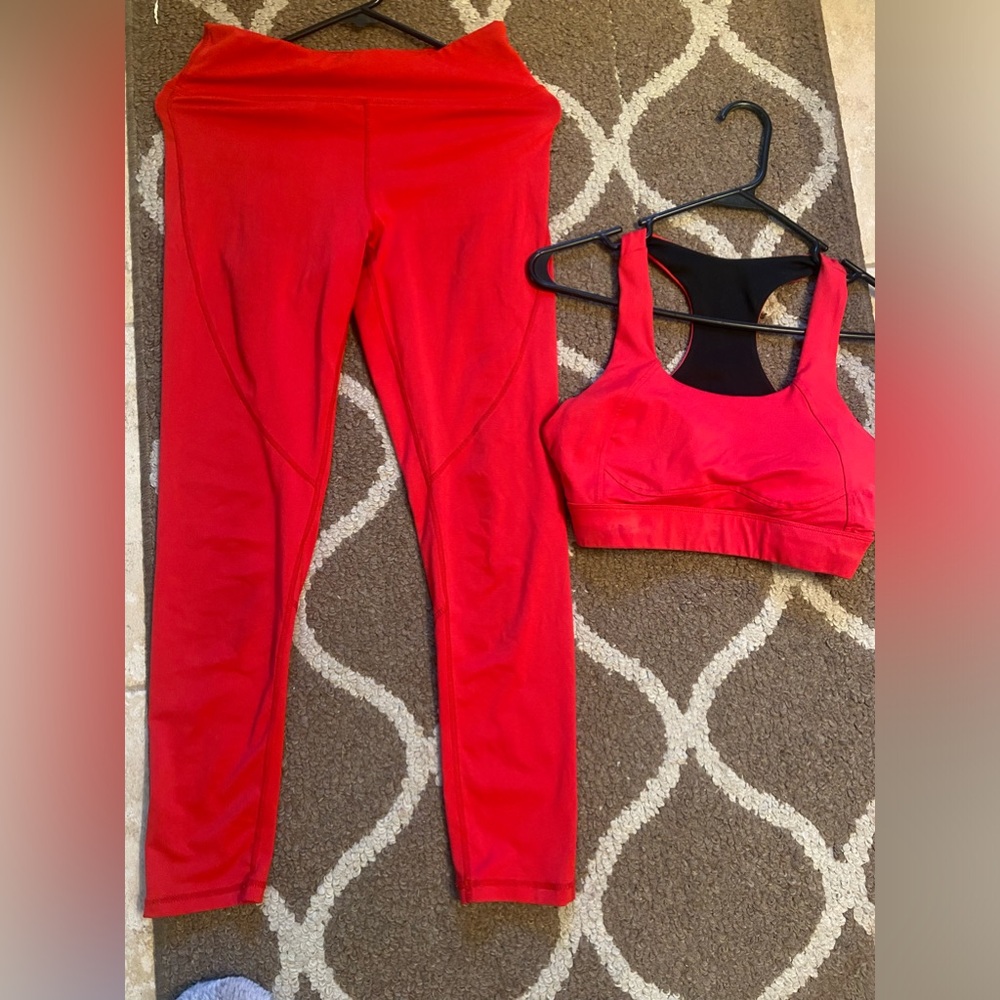 Red workout suit, Amazon brand size medium